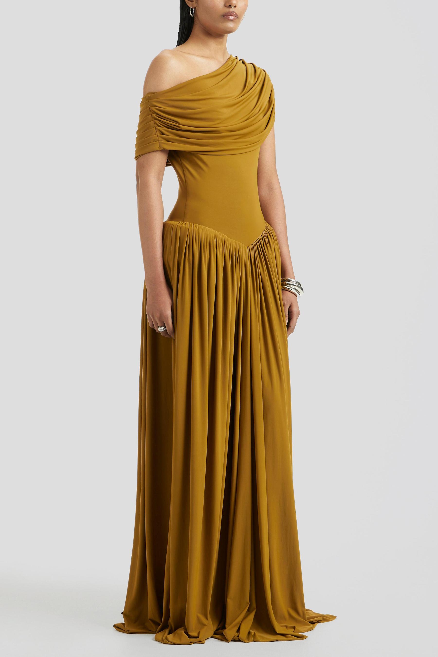 Skew Collar Gathering Solid Maxi Dress