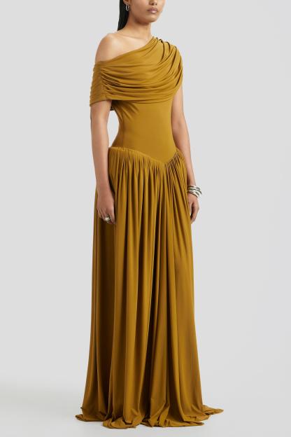 Skew Collar Gathering Solid Maxi Dress
