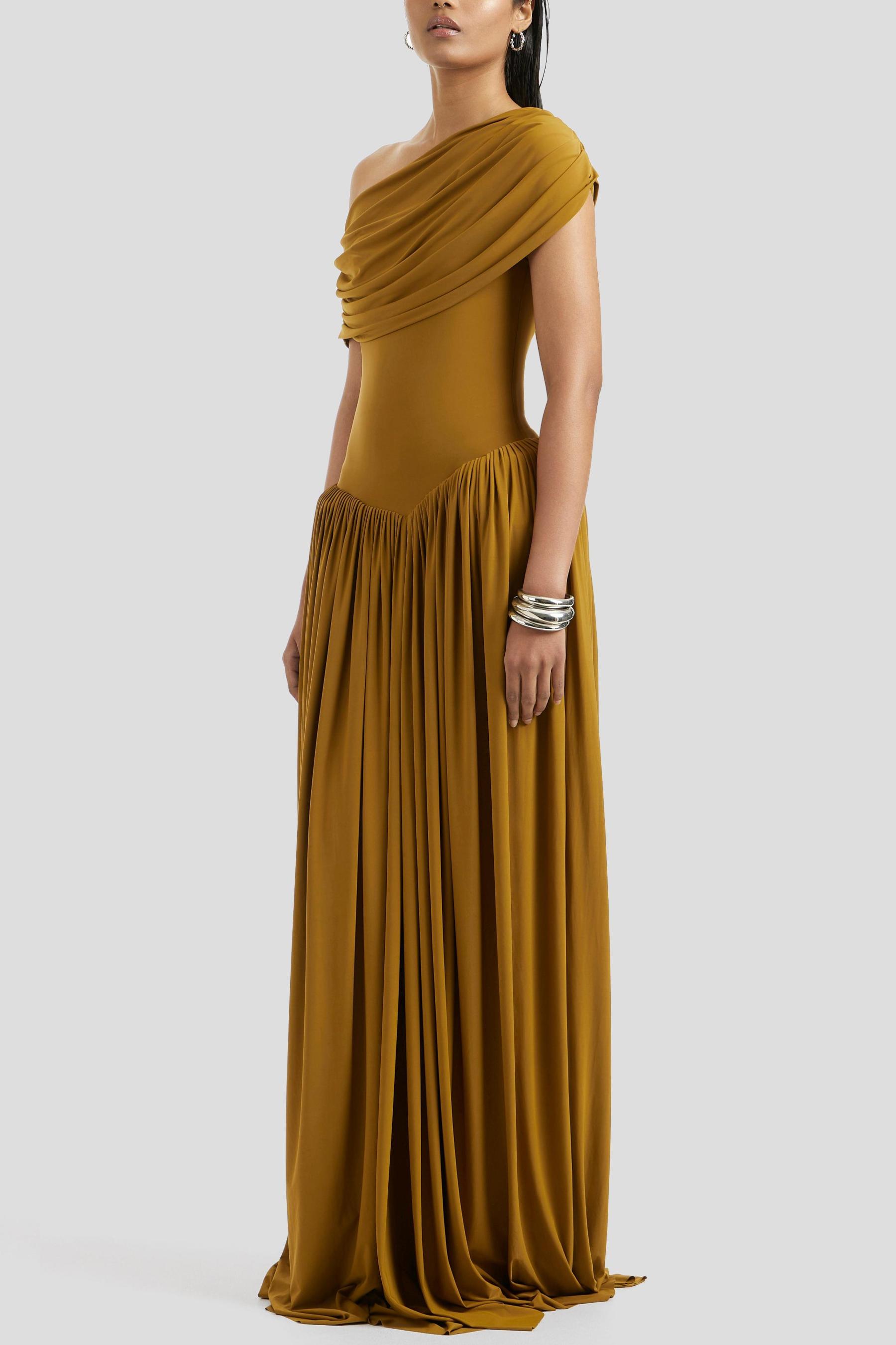 Skew Collar Gathering Solid Maxi Dress