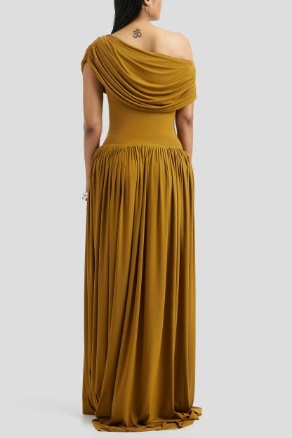 Skew Collar Gathering Solid Maxi Dress