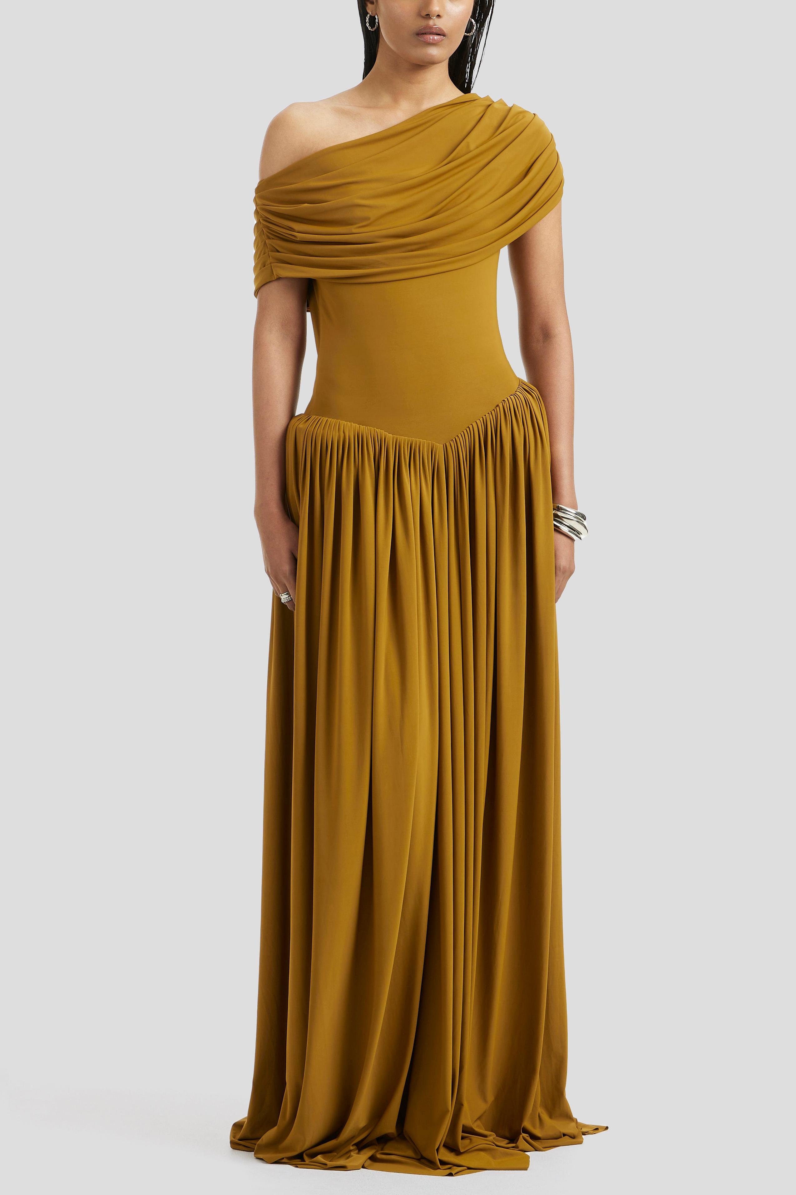 Skew Collar Gathering Solid Maxi Dress