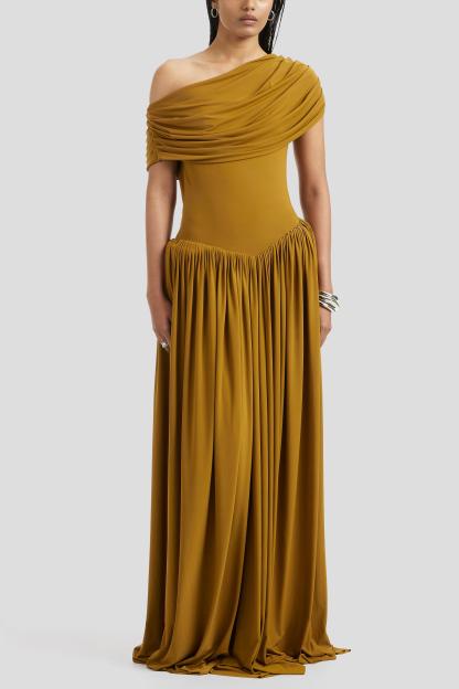 Skew Collar Gathering Solid Maxi Dress