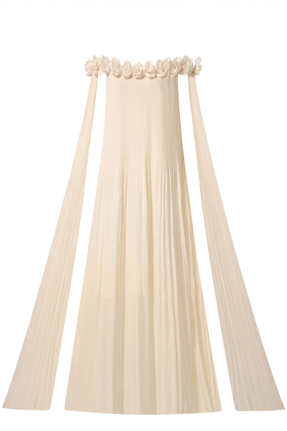 3D Flower Chiffon Off-Shoulder Pleat Maxi Dress