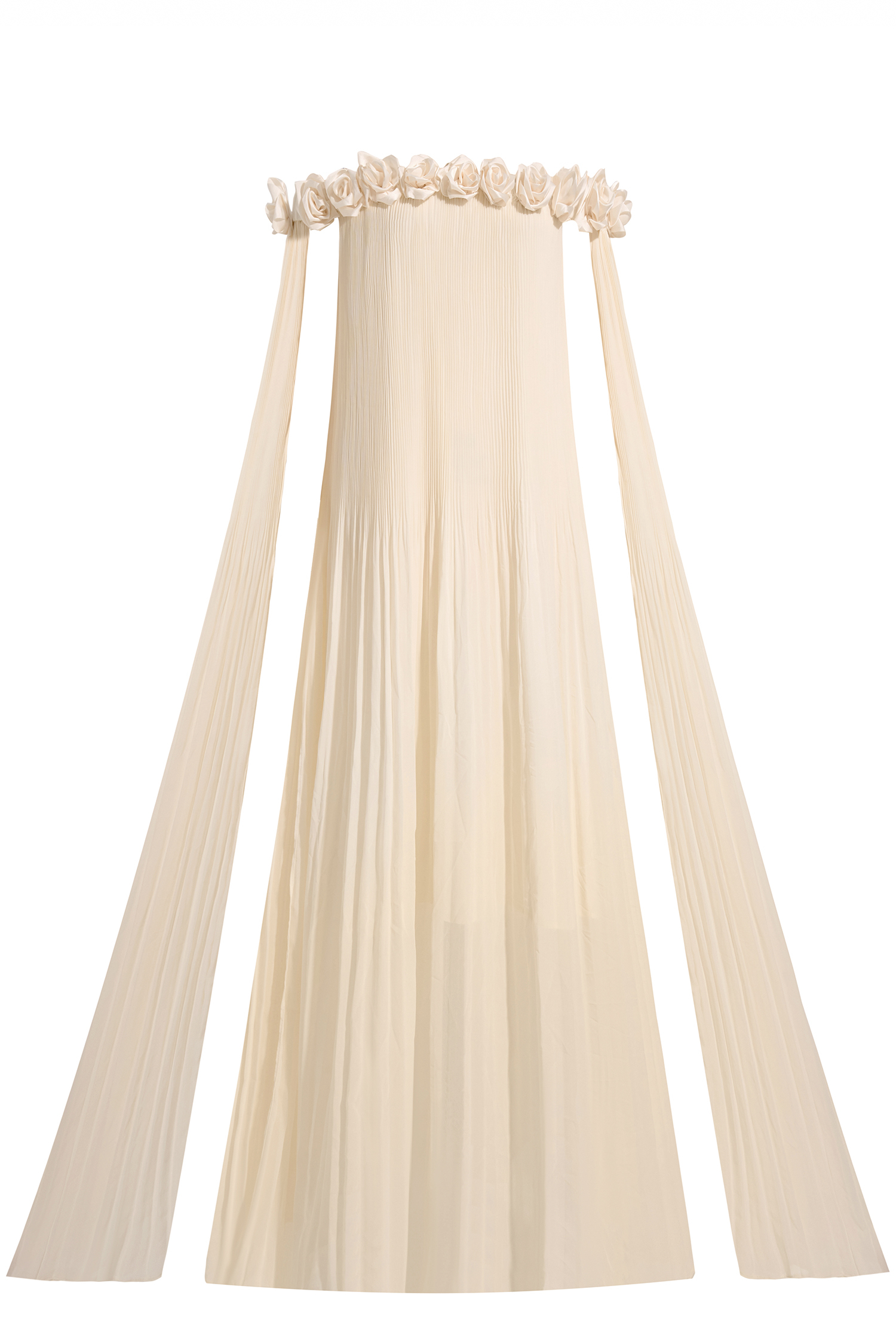 3D Flower Chiffon Off-Shoulder Pleat Maxi Dress