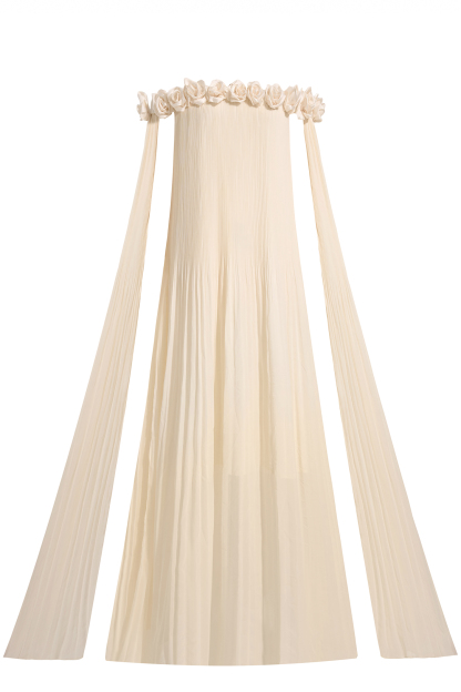 3D Flower Chiffon Off-Shoulder Pleat Maxi Dress