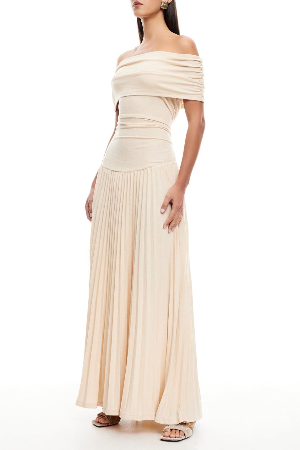 Off-Shoulder Pleat Midi Dress
