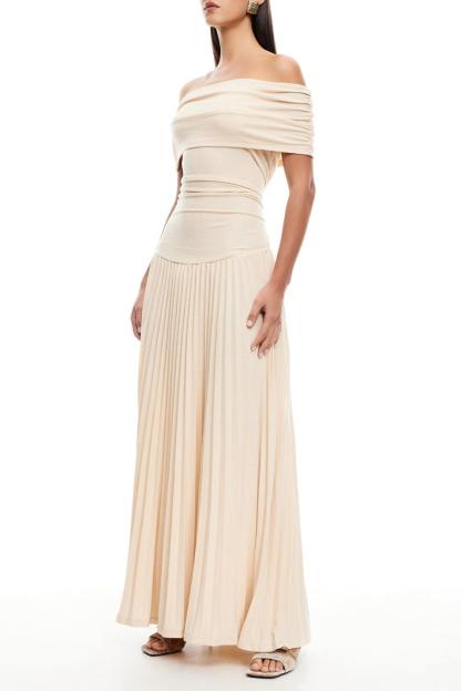 Off-Shoulder Pleat Midi Dress