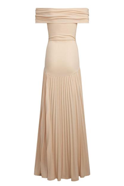 Off-Shoulder Pleat Midi Dress