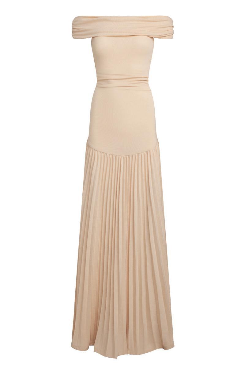 Off-Shoulder Pleat Midi Dress