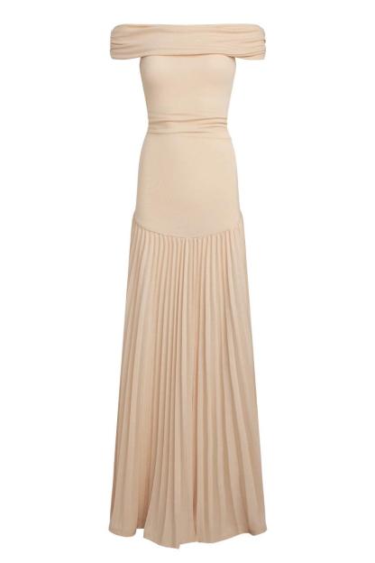 Off-Shoulder Pleat Midi Dress