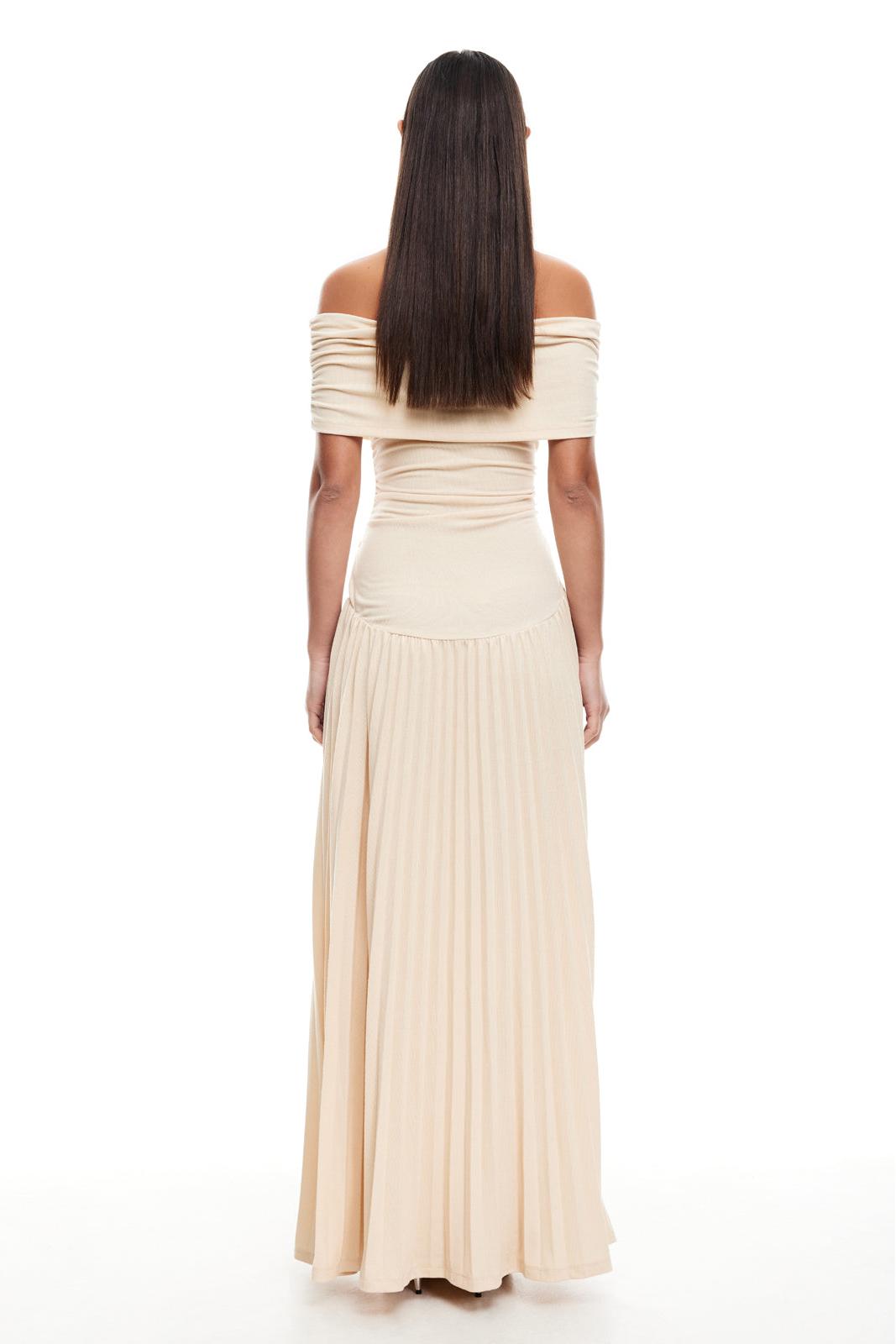 Off-Shoulder Pleat Midi Dress