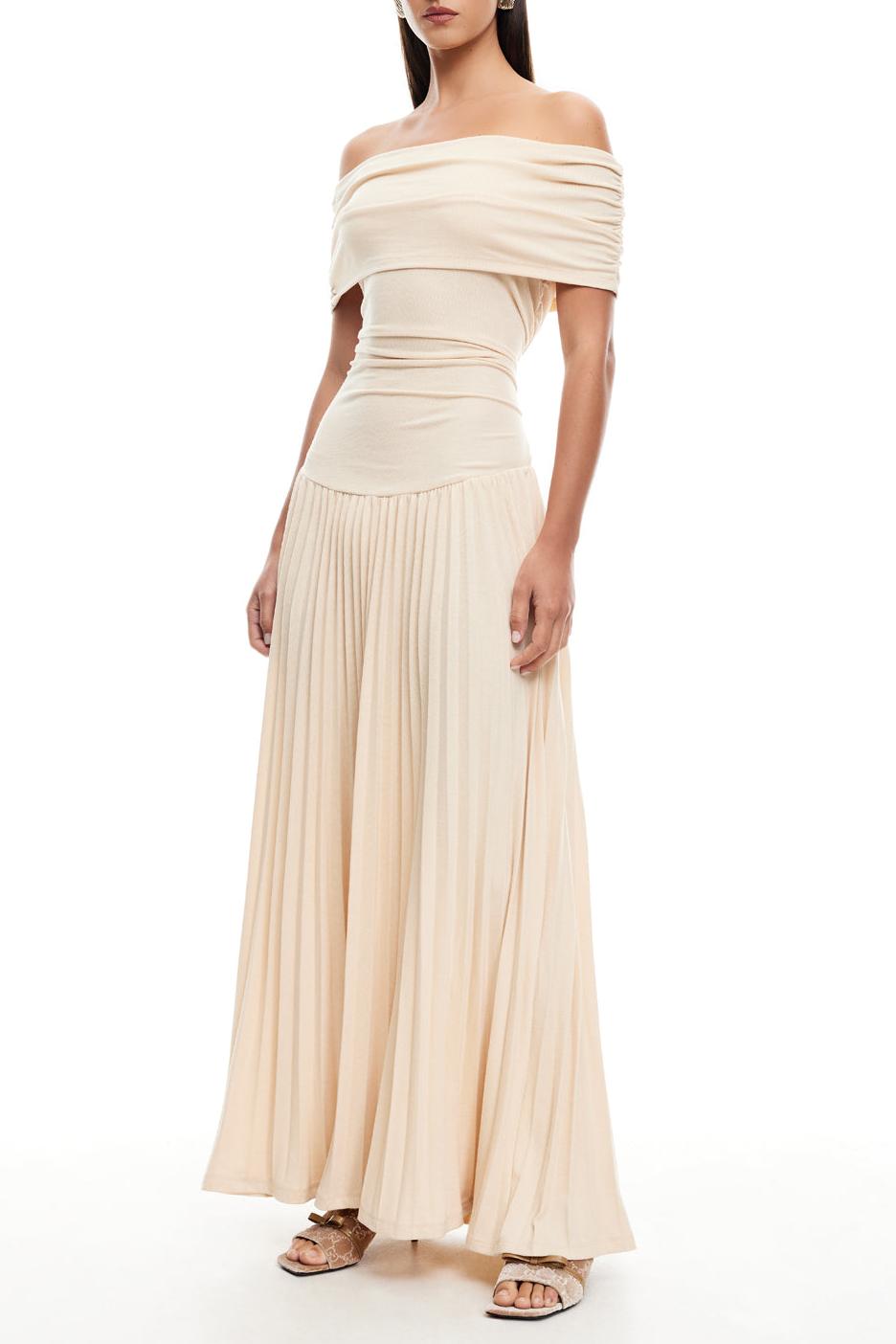 Off-Shoulder Pleat Midi Dress