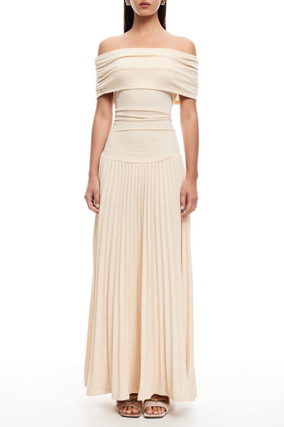 Off-Shoulder Pleat Midi Dress