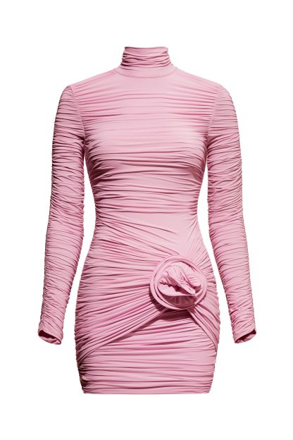 3D Flower High Neck Long Sleeve MIni Dress