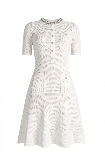 Knit Faux Pearl Rhinestone Mini Dress