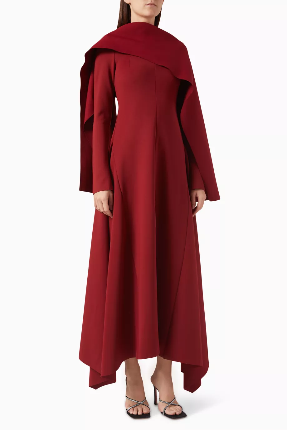 Cape Sleeve Solid Slit Midi Dress