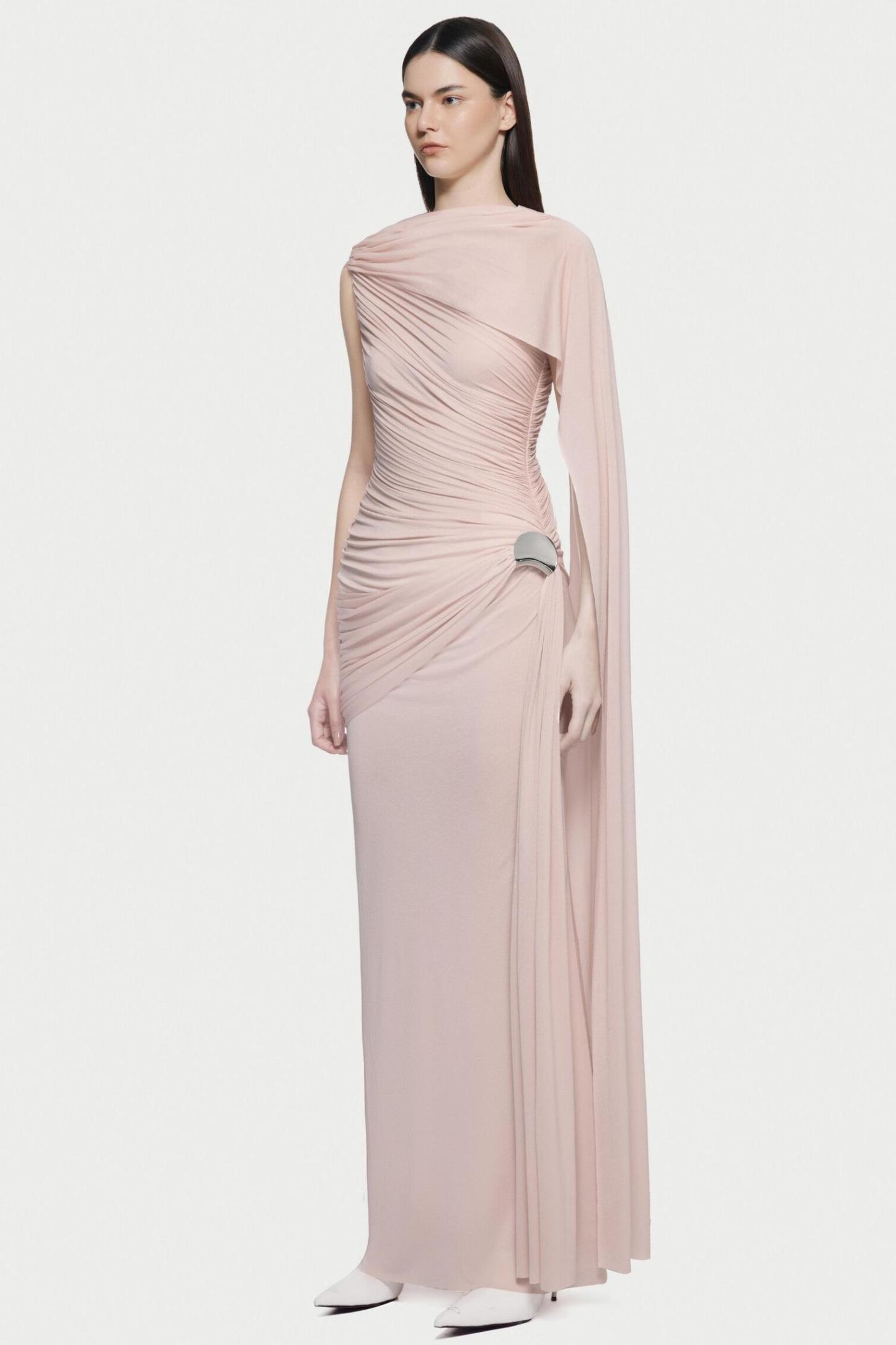 Jersey Gathering Cape Sleeve Midi Dress