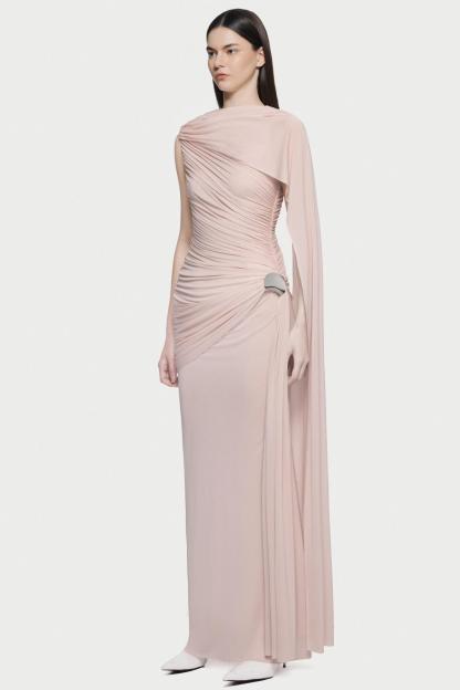 Jersey Gathering Cape Sleeve Midi Dress