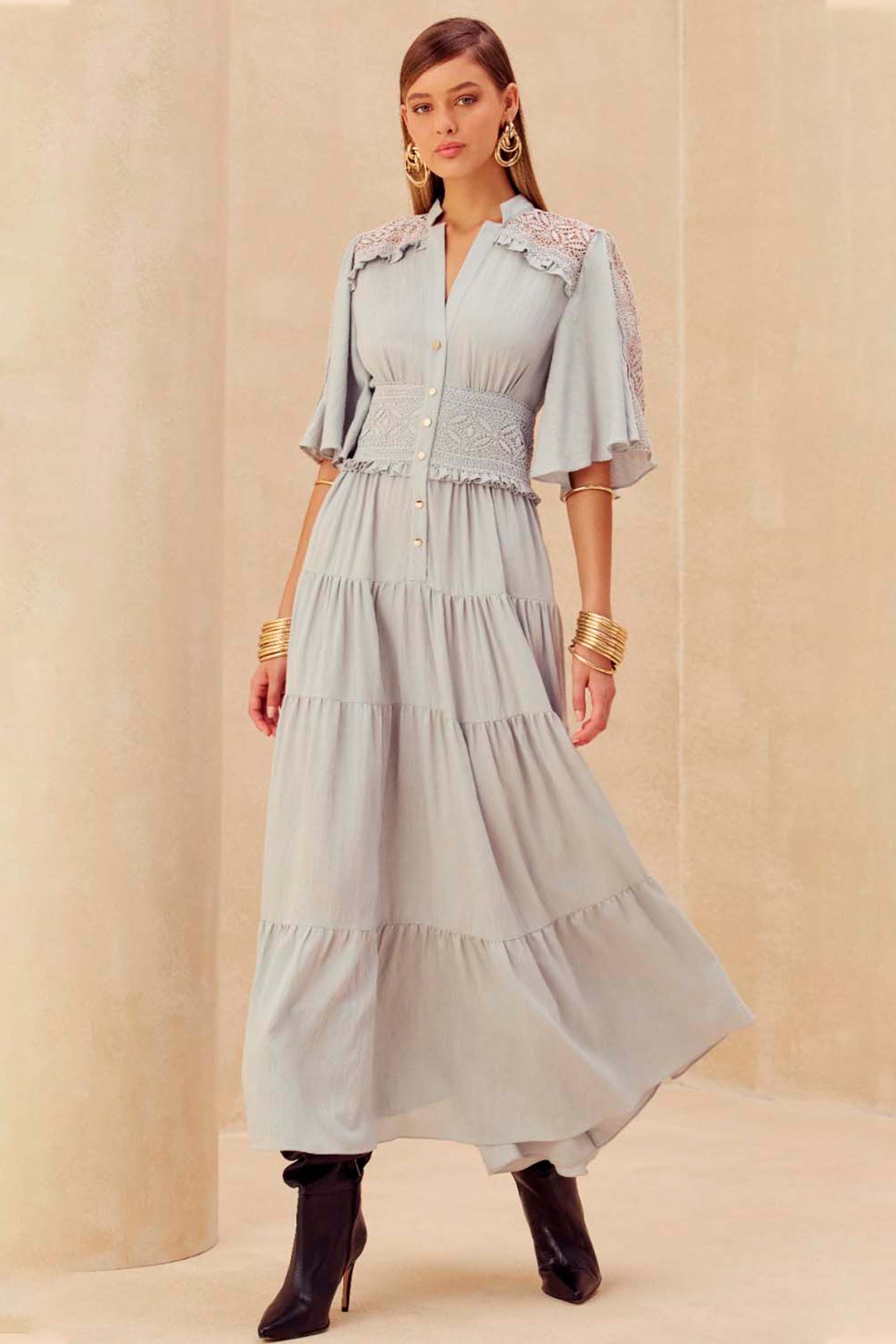 Lace Splicing V-Neck Single Breasted Midi Dress