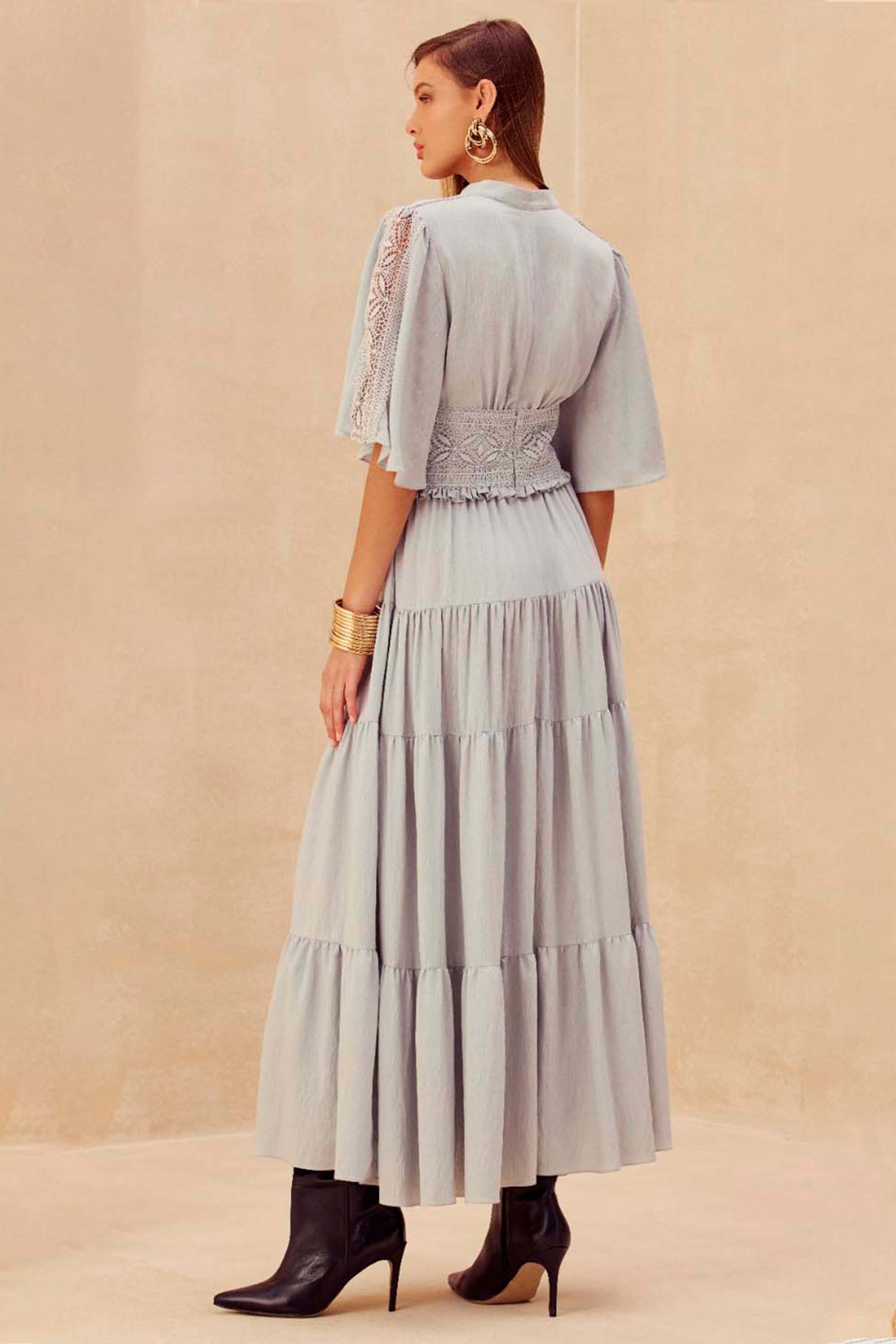 Lace Splicing V-Neck Single Breasted Midi Dress