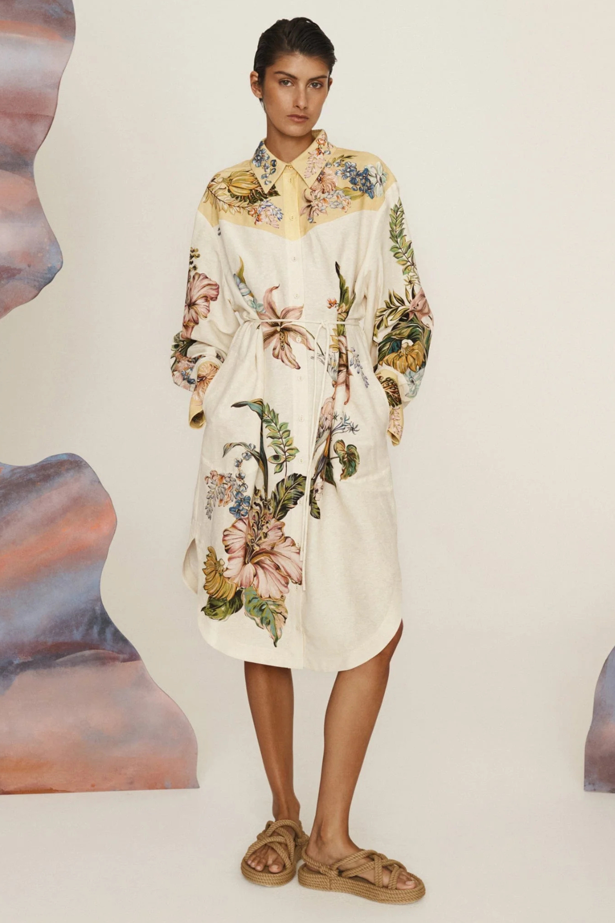 Floral Shirt Collar Midi Dress With Belt