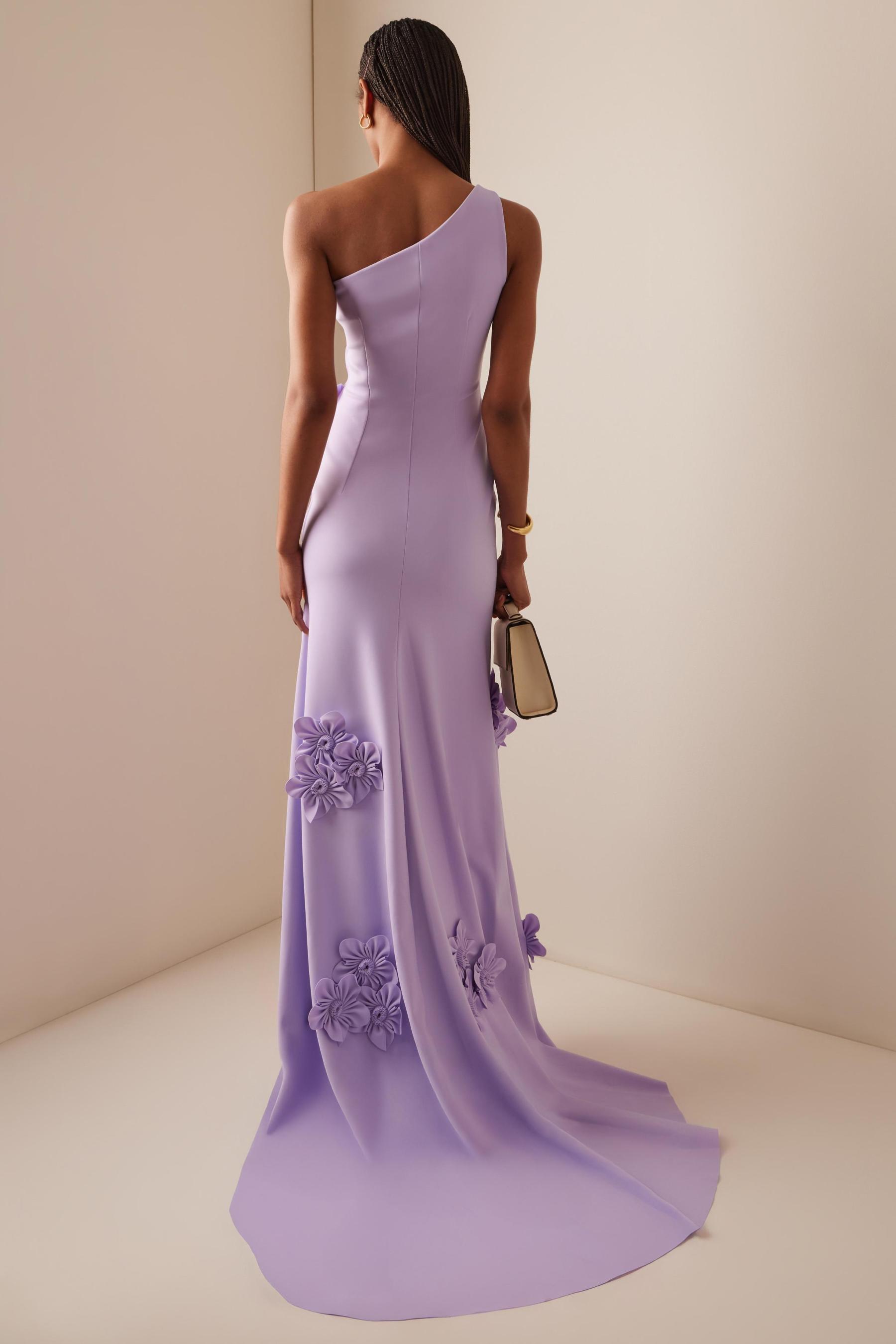 Satin 3D Flower Skew Collar Maxi Dress