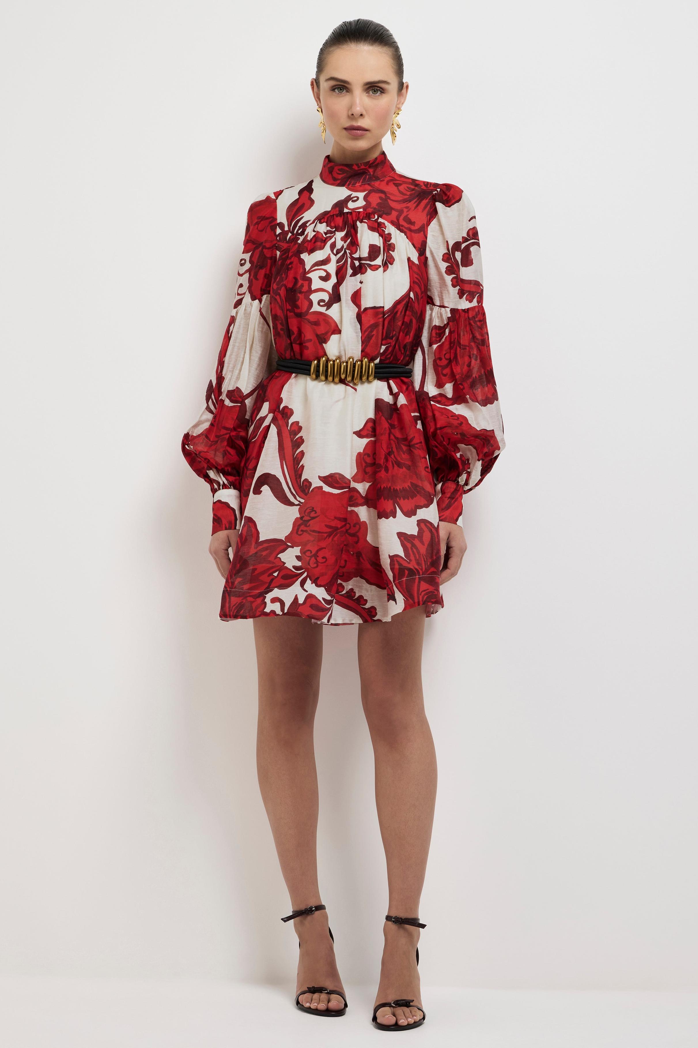 Floral Stand Collar Lantern Sleeve Mini Dress With Belt