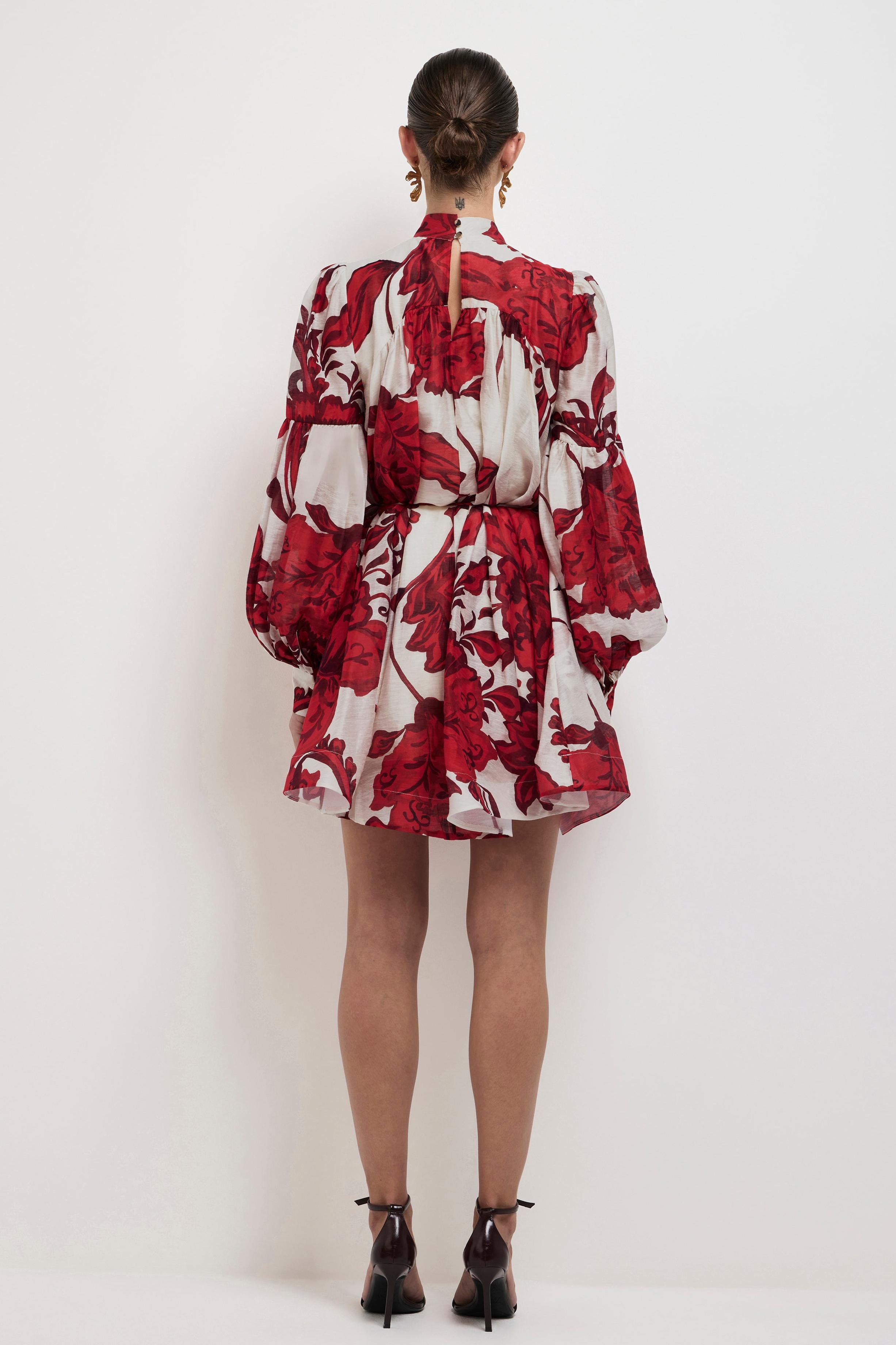 Floral Stand Collar Lantern Sleeve Mini Dress With Belt