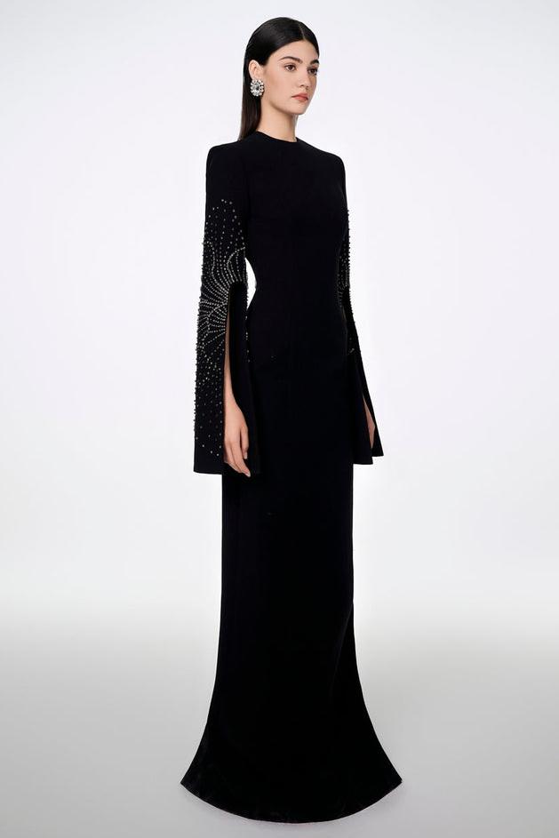 Rivet Round Neck Long Sleeve Slit Maxi Dress
