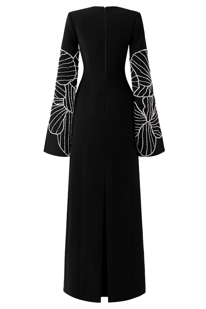 Rivet Round Neck Long Sleeve Slit Maxi Dress