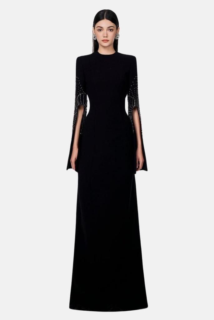 Rivet Round Neck Long Sleeve Slit Maxi Dress