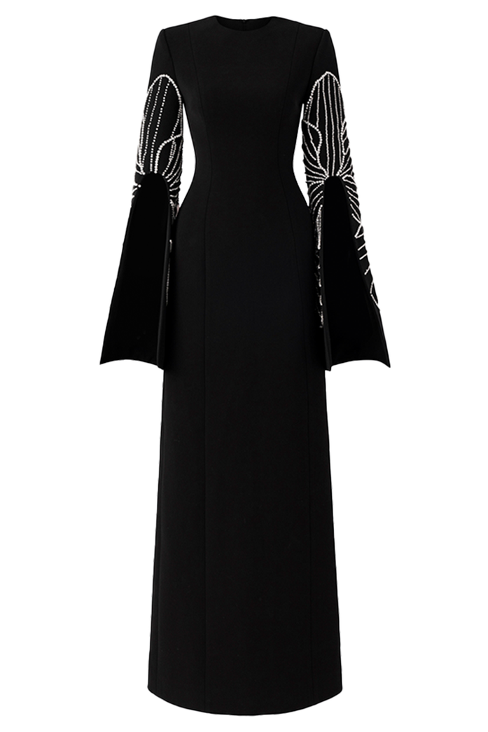 Rivet Round Neck Long Sleeve Slit Maxi Dress