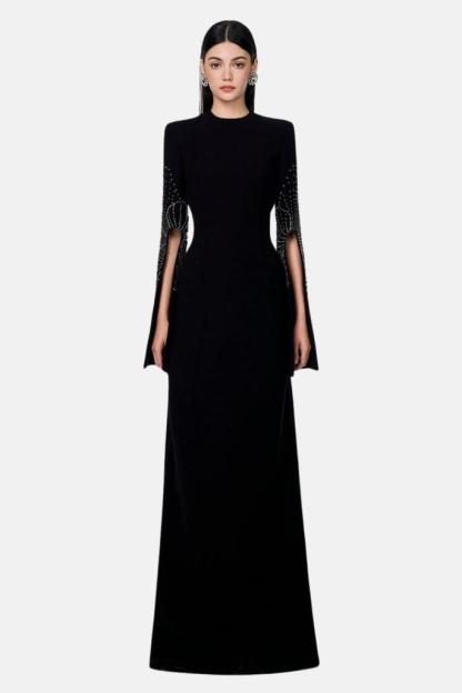 Rivet Round Neck Long Sleeve Slit Maxi Dress