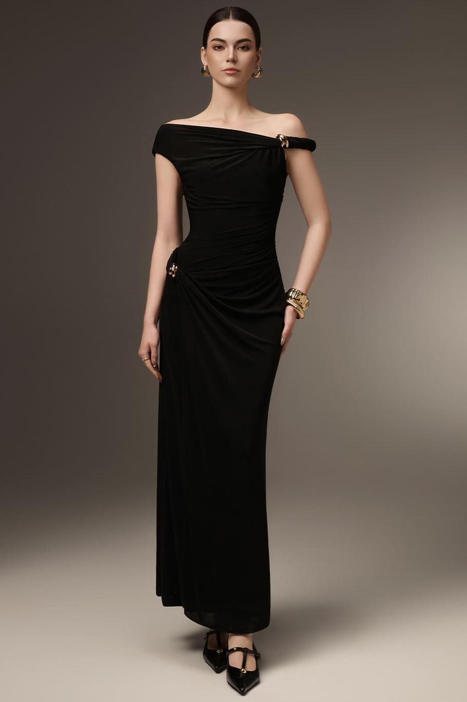 Jersey Metal Buttom Off-Shoulder Midi Dress