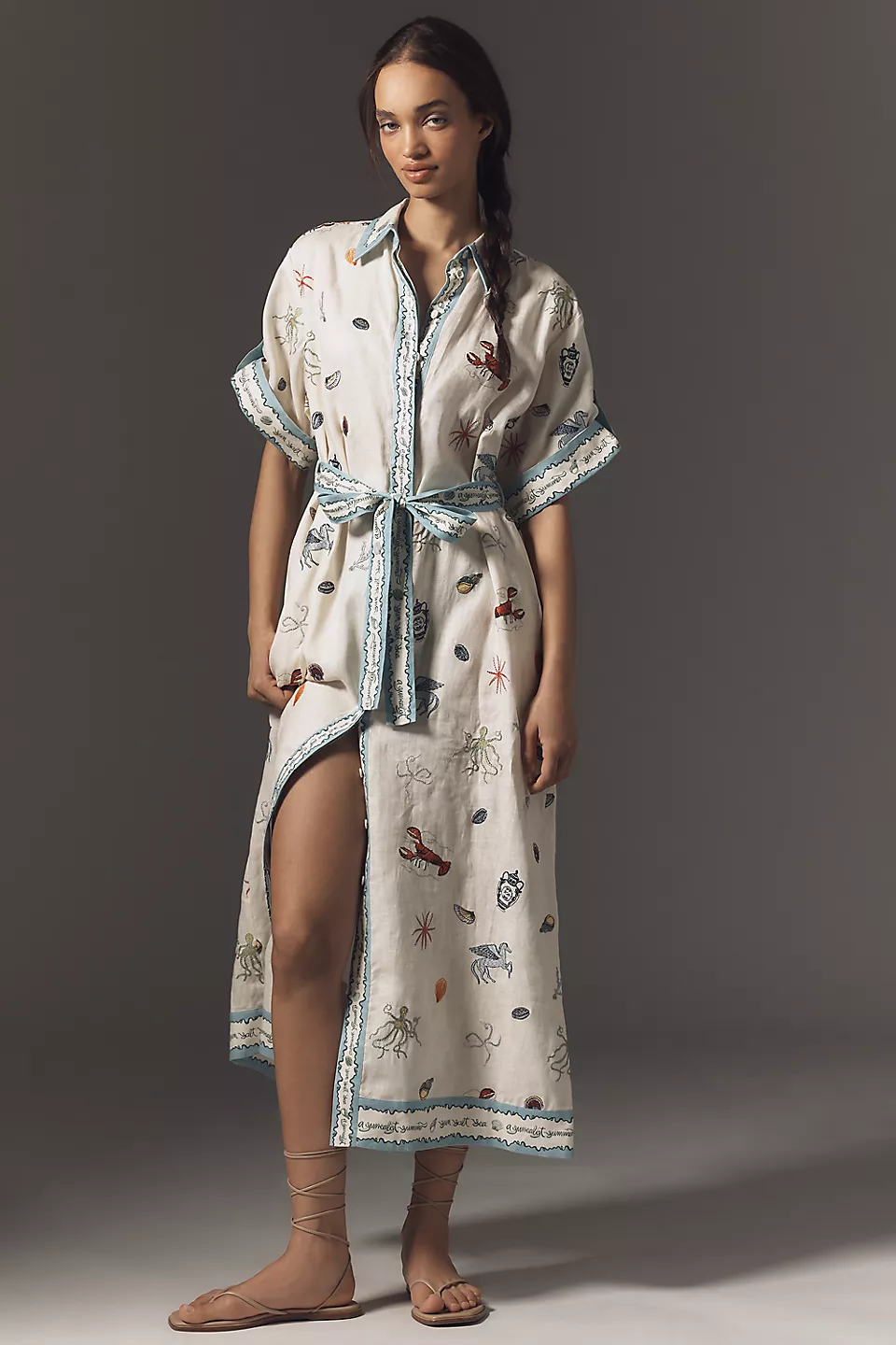 Sea Print Shirt Collar Single Breasted Midi Dress With Belt