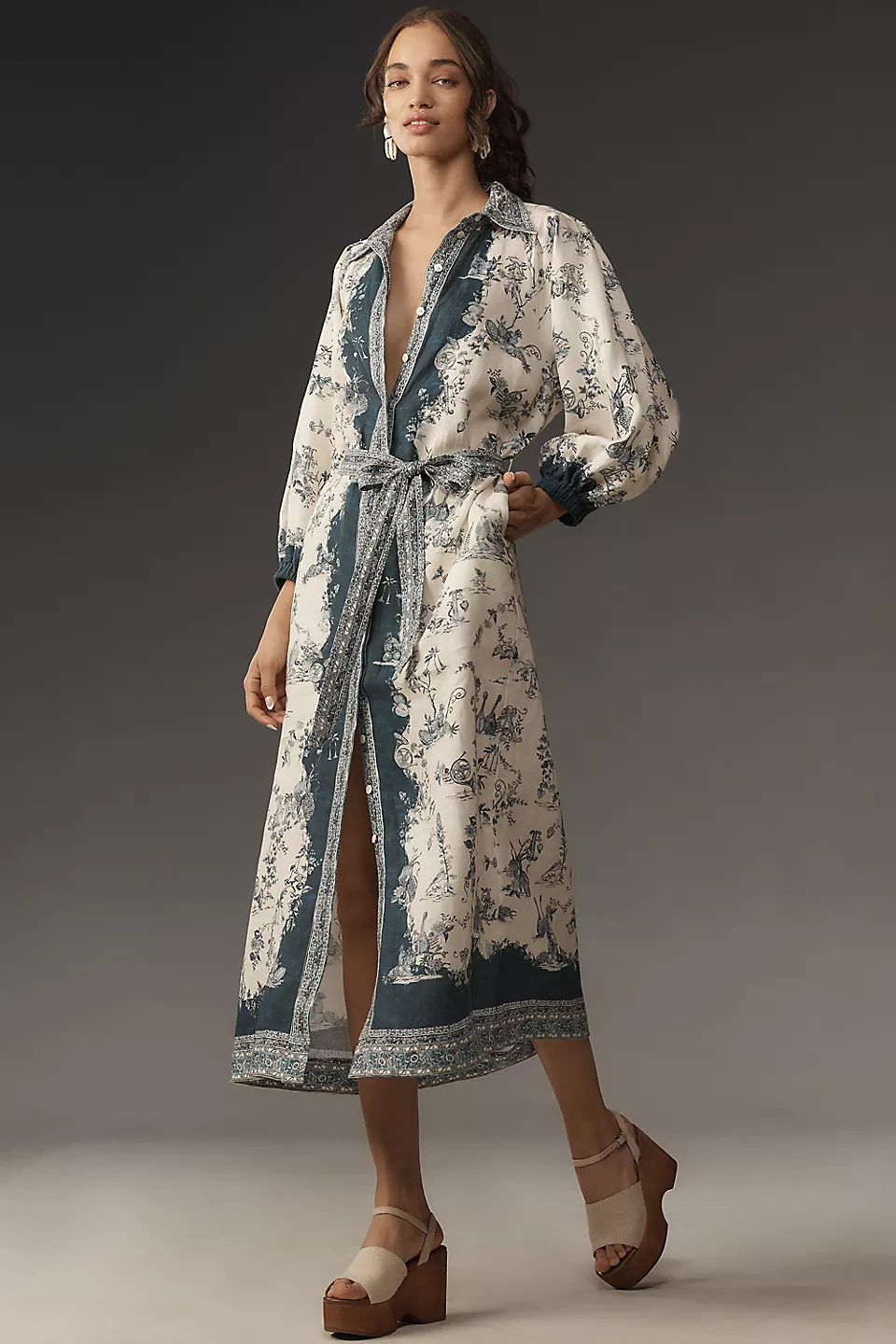 Floral Shirt Collar Single Breasted Midi Dress With Belt