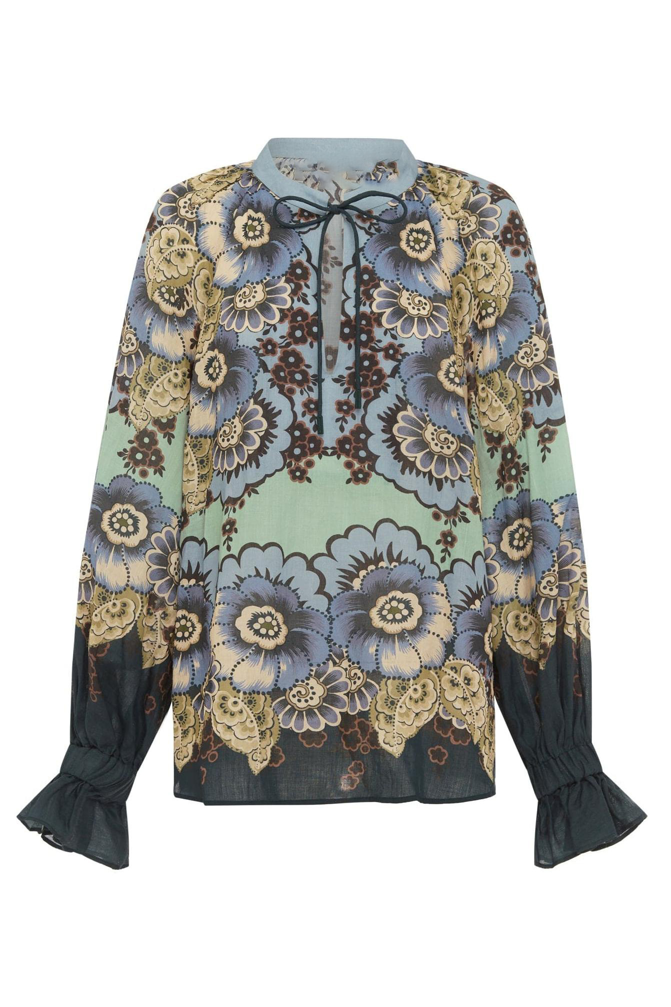 Floral Shirt Collar Top & High Waist Gathering Midi Skirt