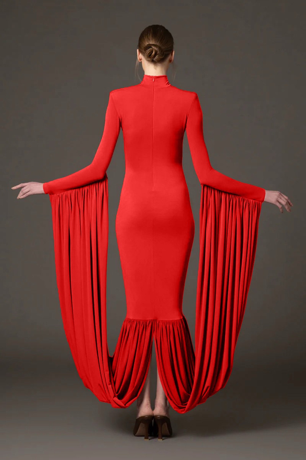 Jersey High Neck Gathering Midi Dress