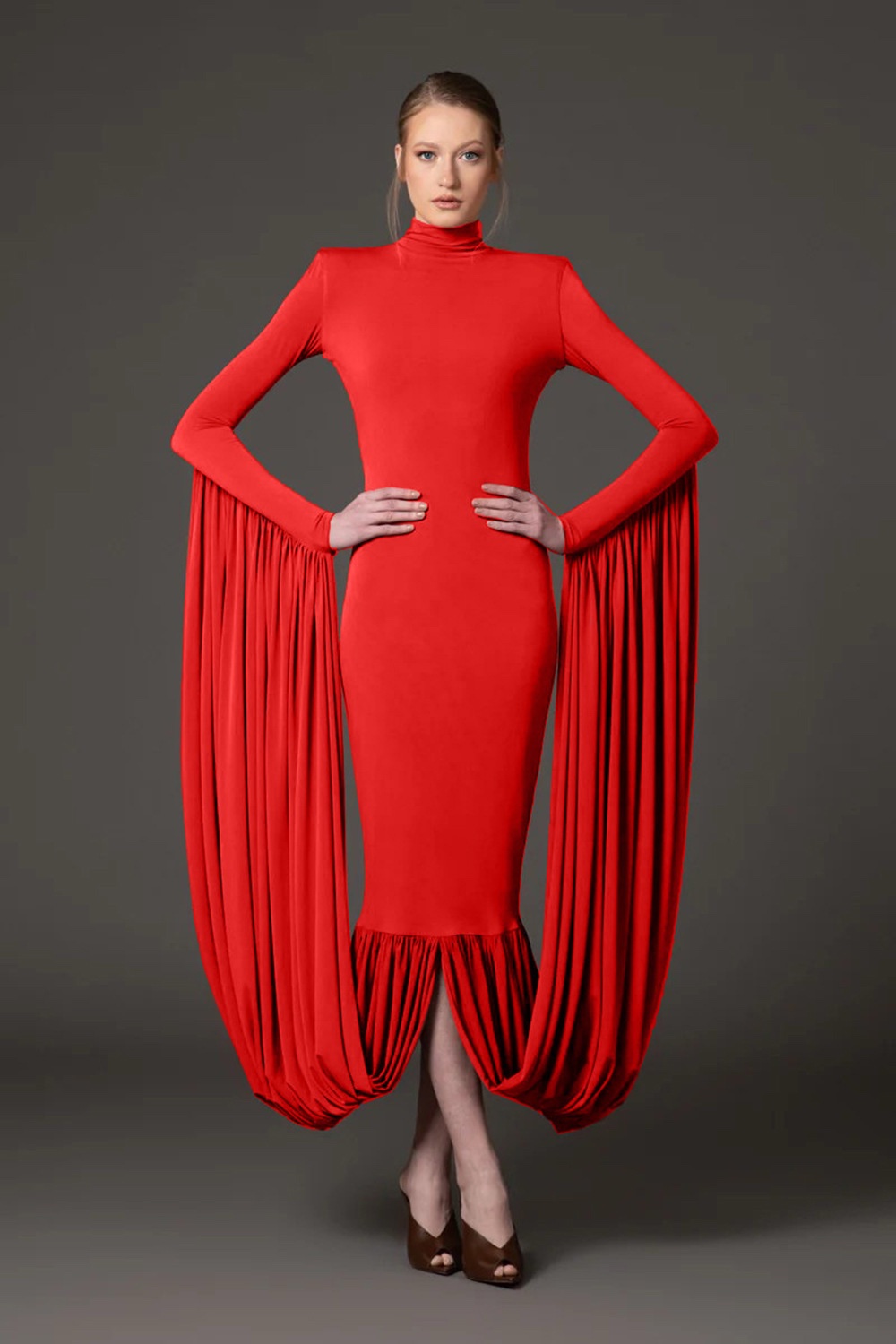 Jersey High Neck Gathering Midi Dress