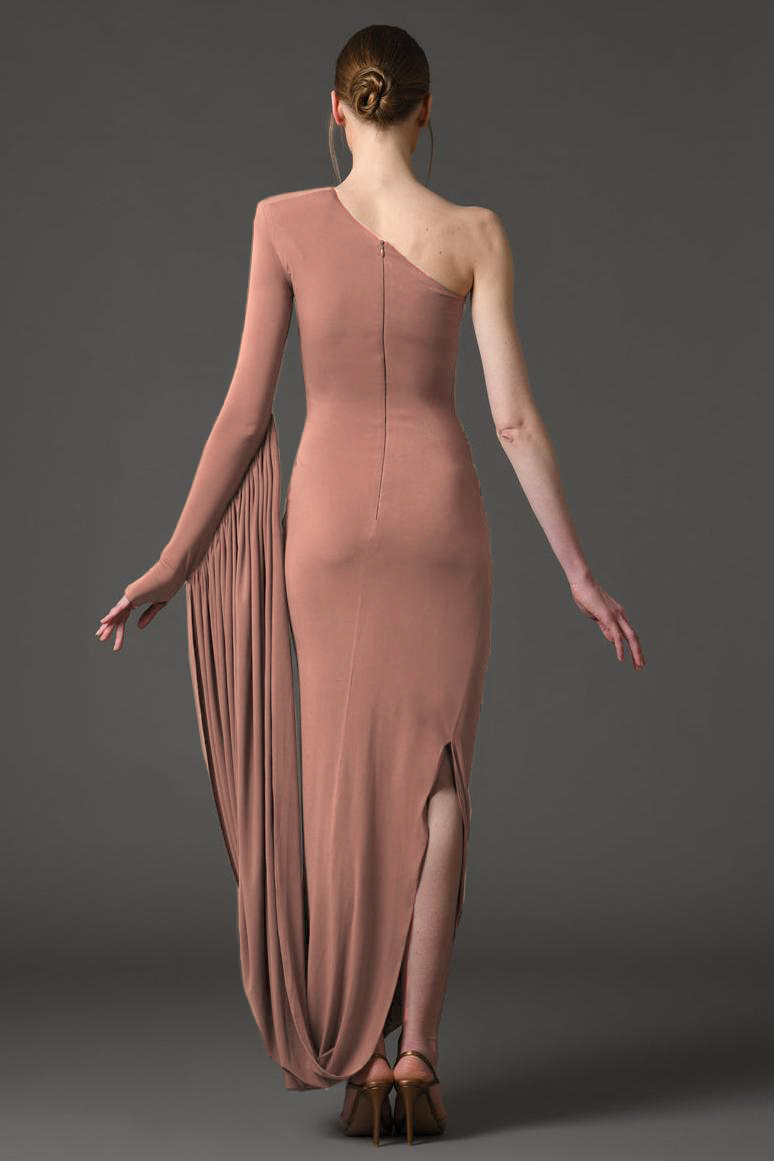 Jersey Skew Collar Gathering Midi Dress