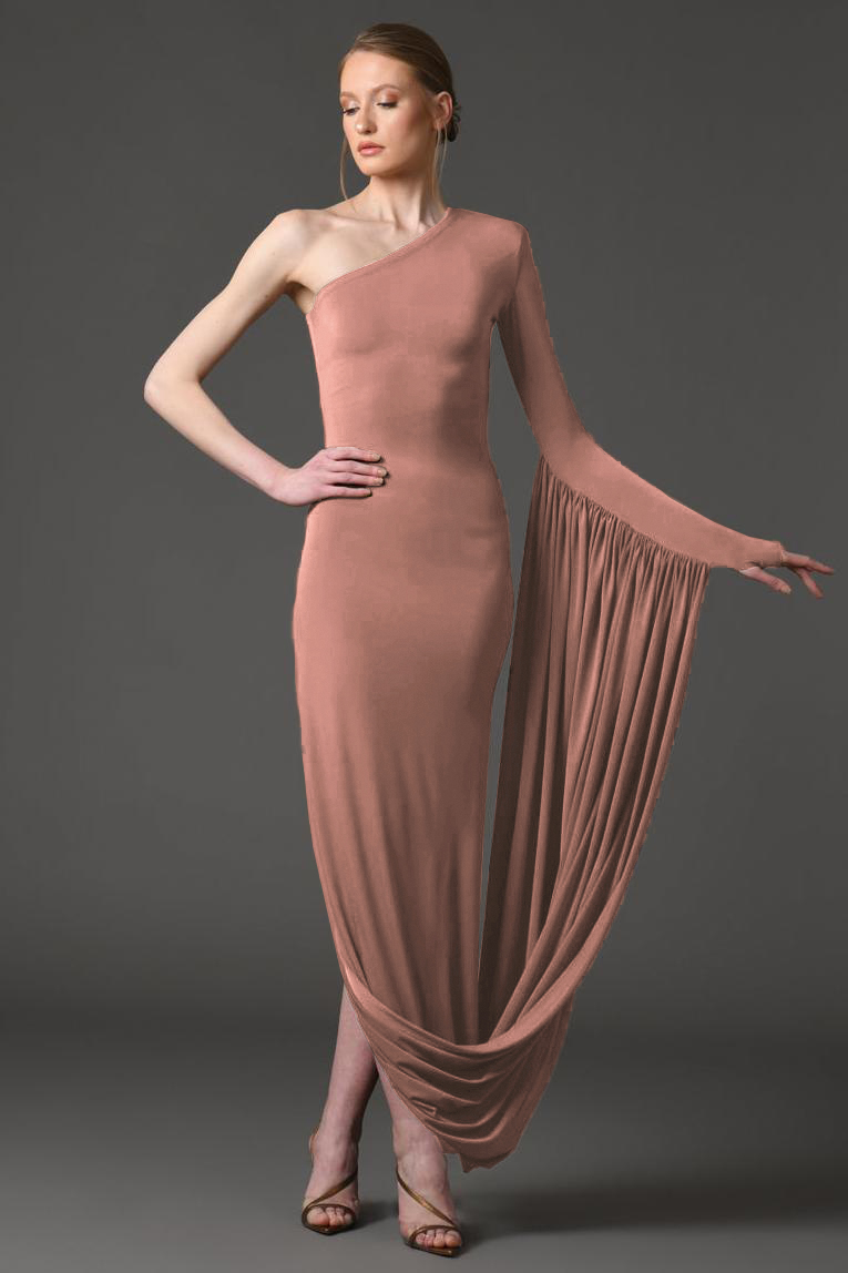 Jersey Skew Collar Gathering Midi Dress