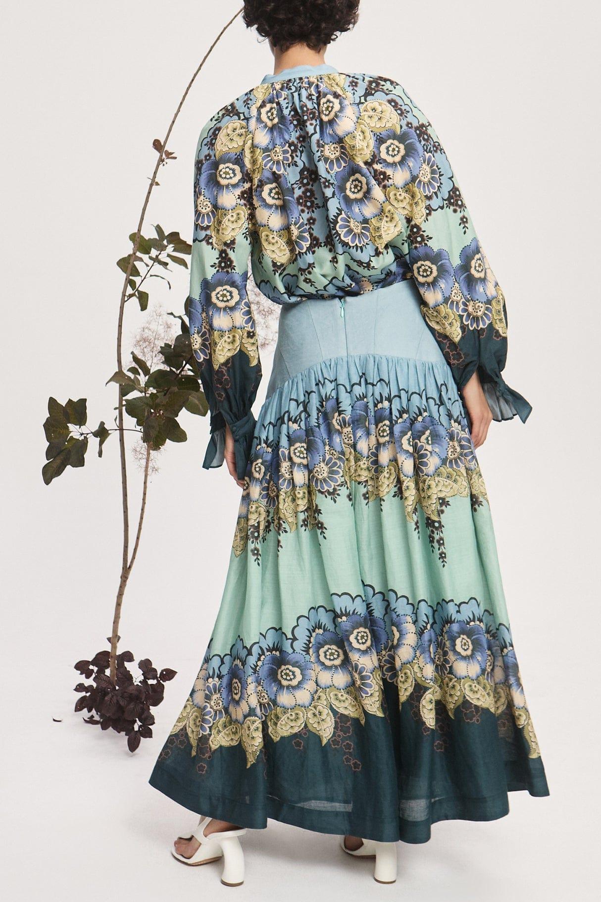 Floral Shirt Collar Top & High Waist Gathering Midi Skirt