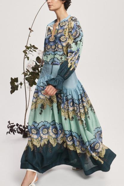 Floral Shirt Collar Top & High Waist Gathering Midi Skirt