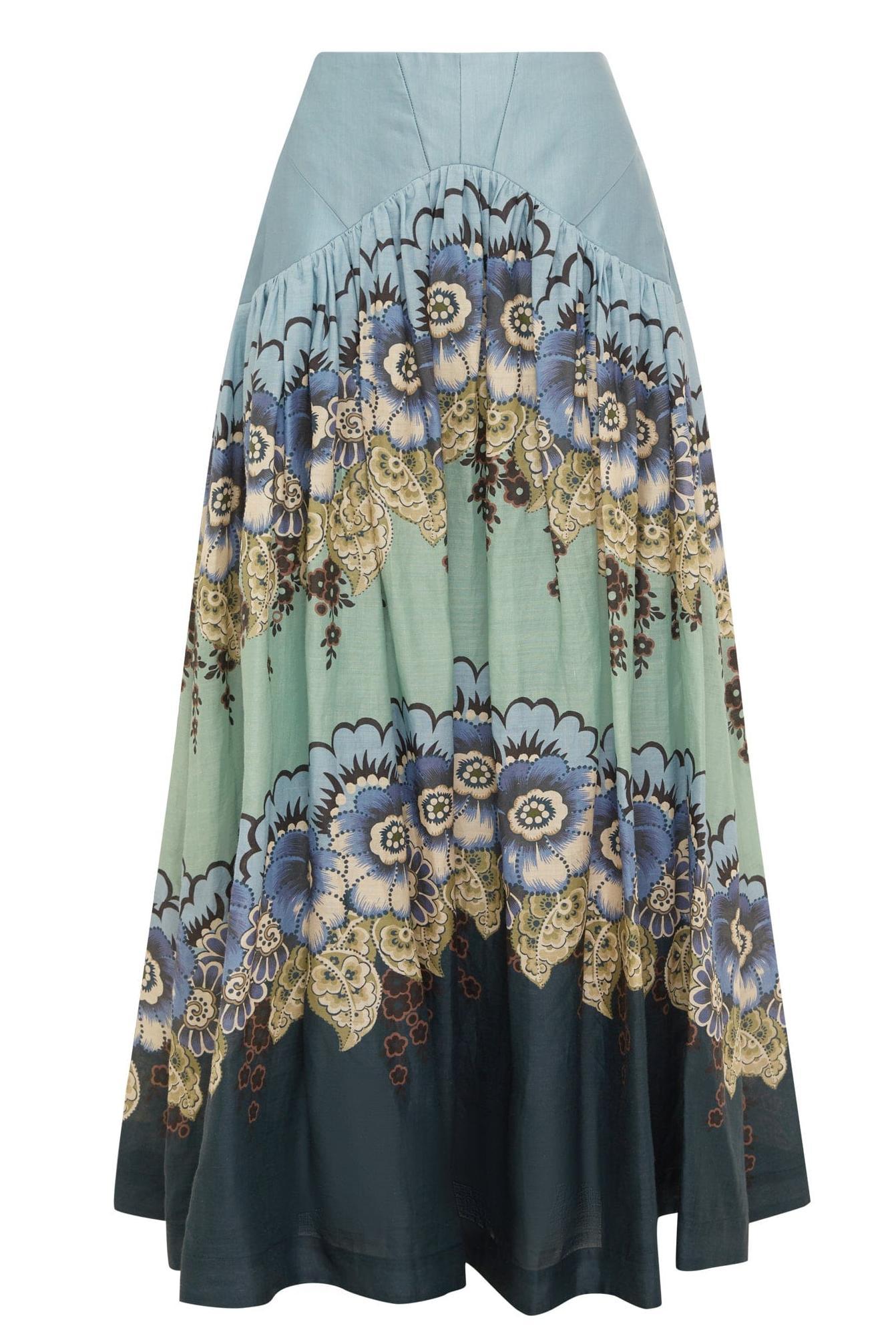 Floral Shirt Collar Top & High Waist Gathering Midi Skirt