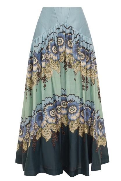 Floral Shirt Collar Top & High Waist Gathering Midi Skirt