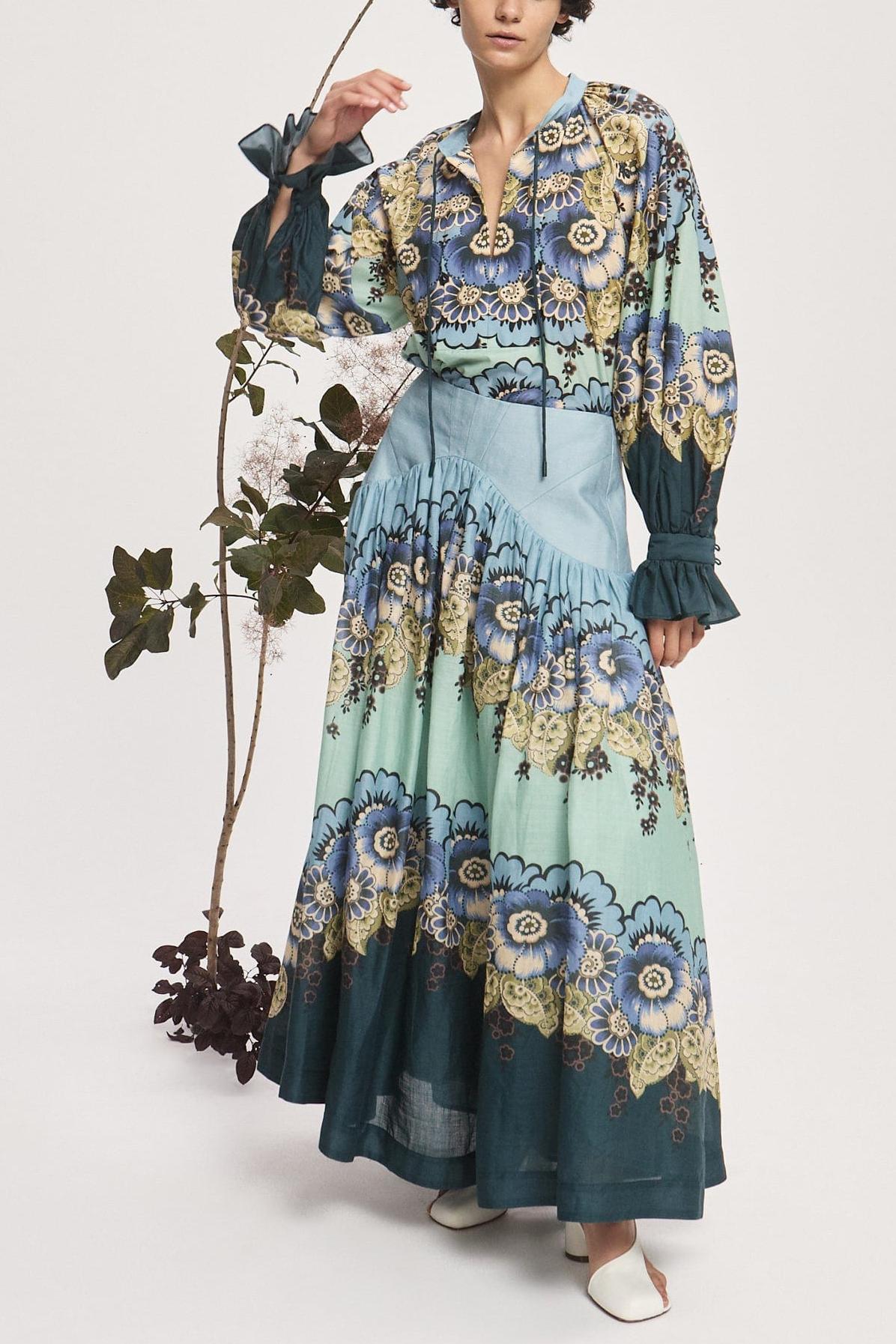 Floral Shirt Collar Top & High Waist Gathering Midi Skirt