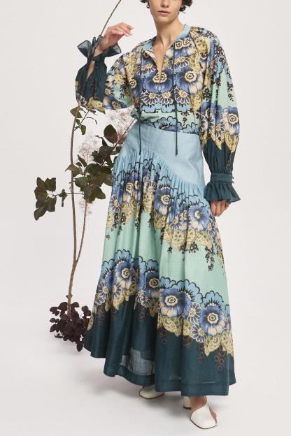 Floral Shirt Collar Top & High Waist Gathering Midi Skirt