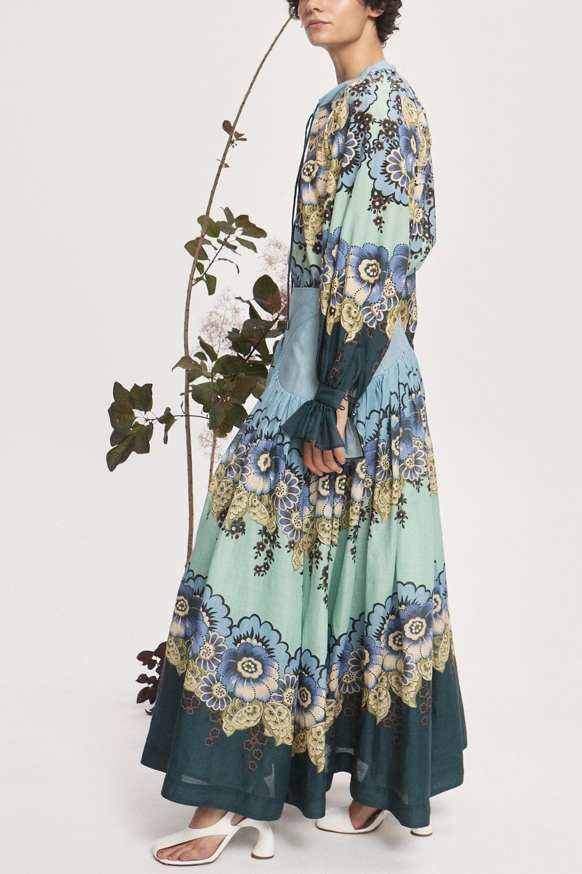 Floral Shirt Collar Top & High Waist Gathering Midi Skirt