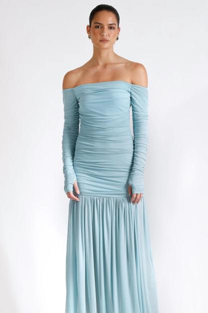 Mesh Off-Shoulder Gathering Midi Dress