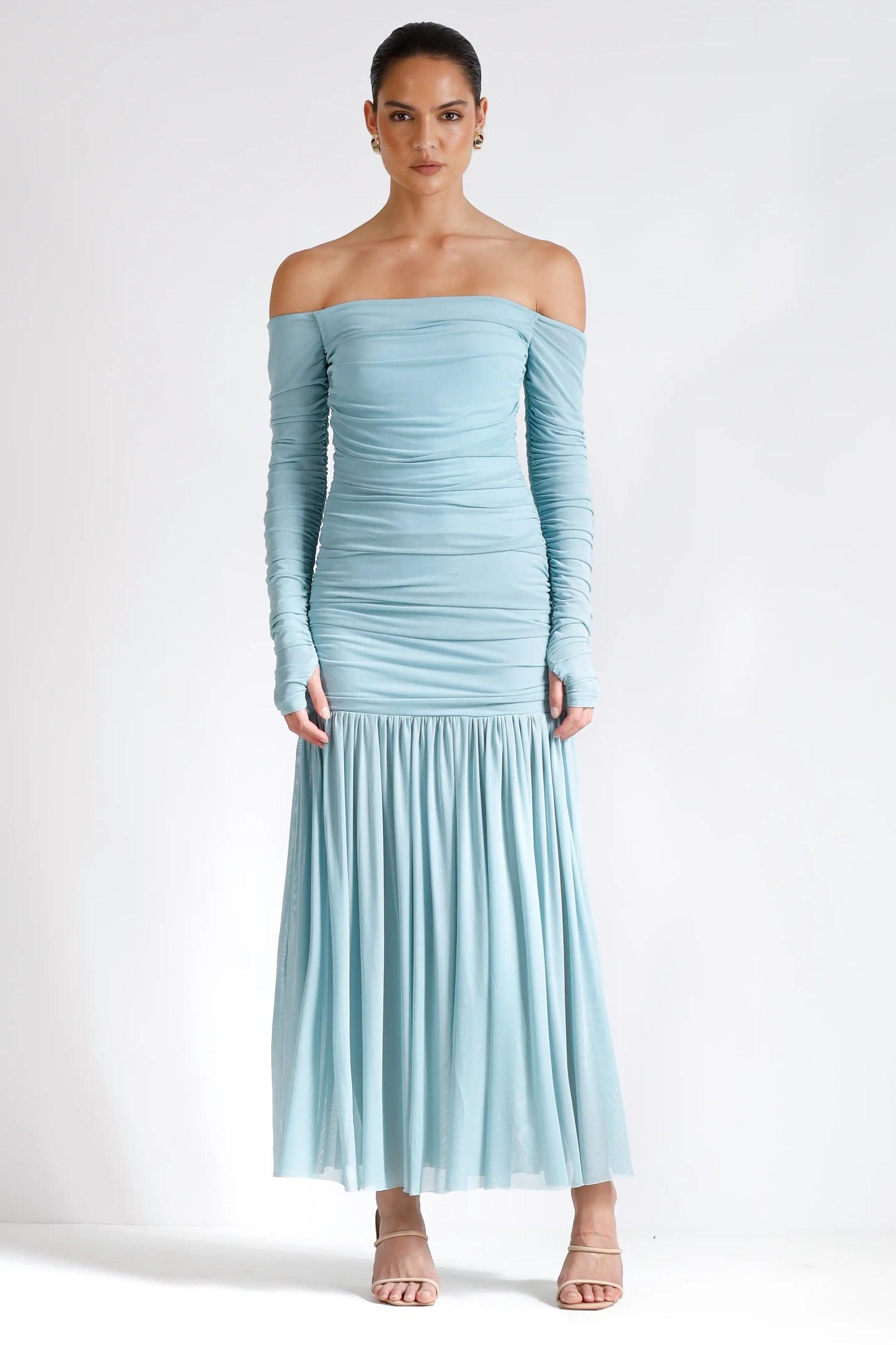 Mesh Off-Shoulder Gathering Midi Dress